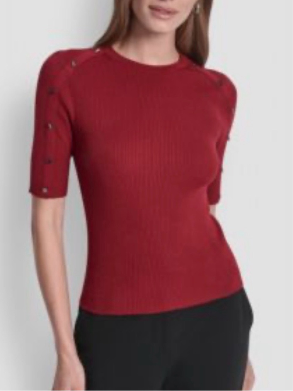 DKNY Women's Button Detail Short Sleeve Sweater Red